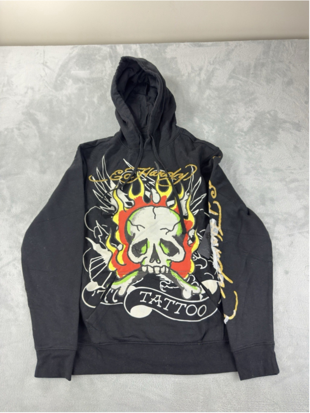 Ed Hardy Pullover Black Hoodie Nwt Men's Size Small Flaming Skull Graphic Print